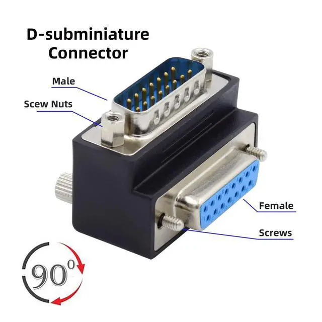 Alt view image 4 of 7 - 15pin DB Connector DSUB RS232 D-subminiature Male Nut to Female Screw Up 90 Degree Angled Extension Adapter