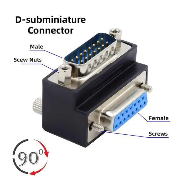 Alt view image 5 of 7 - 15pin DB Connector DSUB RS232 D-subminiature Male Nut to Female Screw Down 90 Degree Angled Extension Adapter