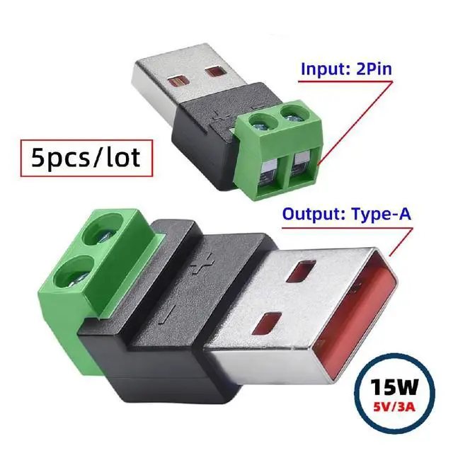 Alt view image 2 of 7 - 5pcs DIY OEM 2Pin Terminal Input to USB2.0 Type-A Male Plug Output Connector Repair Solderless DC 5V Power Connector