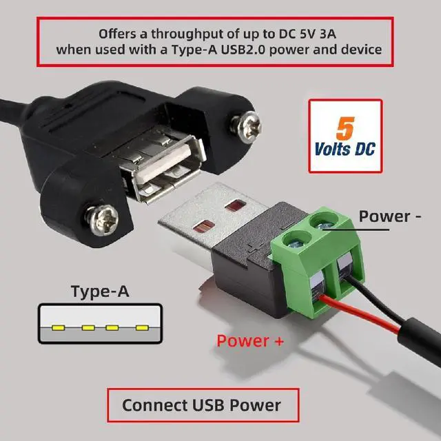 Alt view image 7 of 7 - 5pcs DIY OEM 2Pin Terminal Input to USB2.0 Type-A Male Plug Output Connector Repair Solderless DC 5V Power Connector