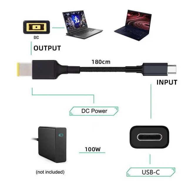 Alt view image 5 of 7 - USB-C 100W 20V Input to Rectangular Jack PD Power 65W Output Charge Cable Support QC PD Type-C for Thinkpad X1 Legion Y7000P Laptop