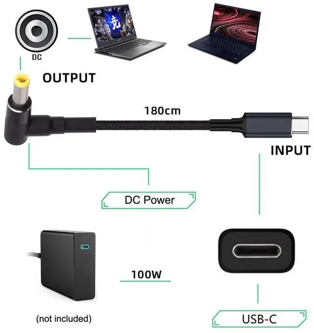 Alt view image 6 of 7 - USB-C 100W 20V Input to DC 5.5 * 2.5mm PD Power 65W Output Charge Cable Support QC PD Type-C for Laptop