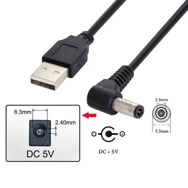Alt view image 3 of 6 - Cable DC USB 2.0 A Type Male to Right Angled 5.5 x 2.5mm DC 5V Power Plug Barrel 90 Degree Charge Cable 100cm