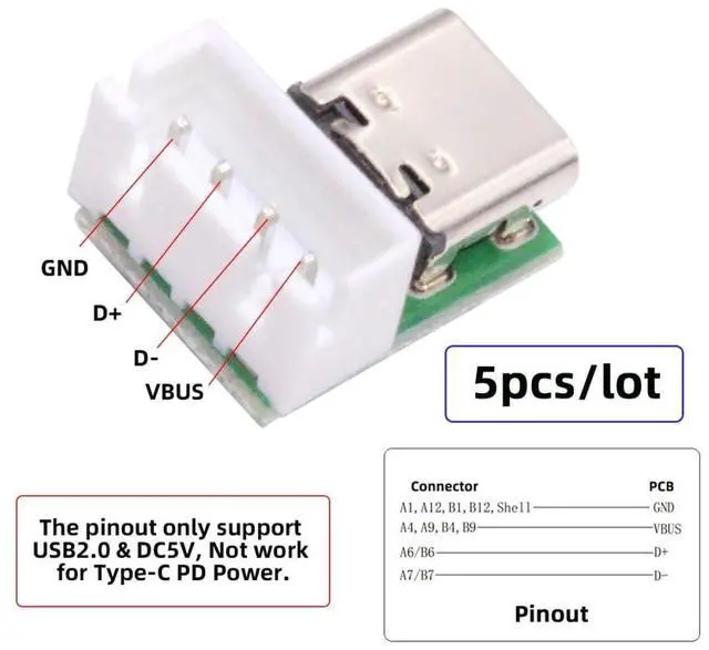 Alt view image 4 of 7 - 5pcs USB2.0 Pinout DC 5V Power DIY OEM Type C Female Socket Connector to 4Pin Pitch=2.54mm Wafer Socket Vertical