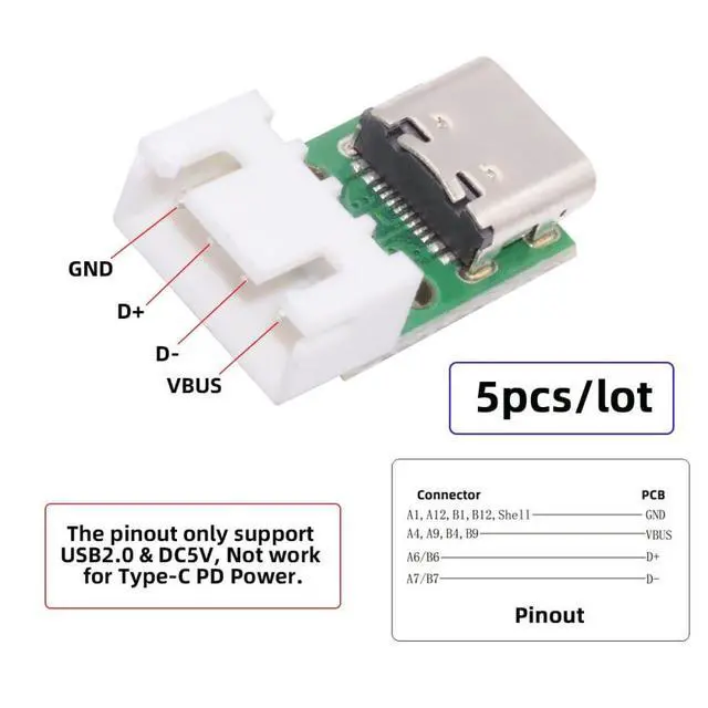 Alt view image 4 of 7 - 5pcs USB2.0 Pinout DC 5V Power DIY OEM Type C Female Socket Connector to 4Pin Pitch=2.54mm Wafer Socket Horizontal