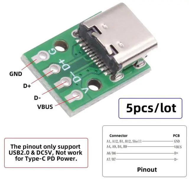 Alt view image 4 of 7 - 5PCS Type-C Female DIY OEM Connector with PCBA 4pin USB2.0 Pinout Contact (Solder Wire Type)