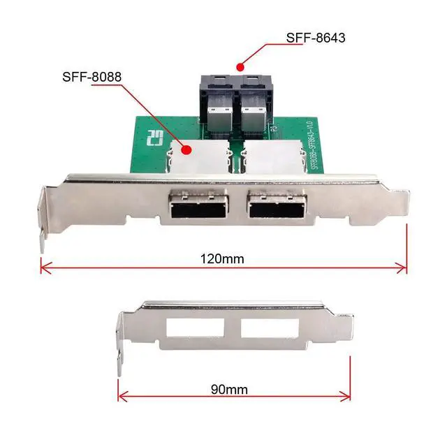 Alt view image 6 of 7 - Dual Ports Mini SAS SFF-8088 to Internal SAS HD SFF-8643 PCBA Female Adapter with Low Profile Bracket