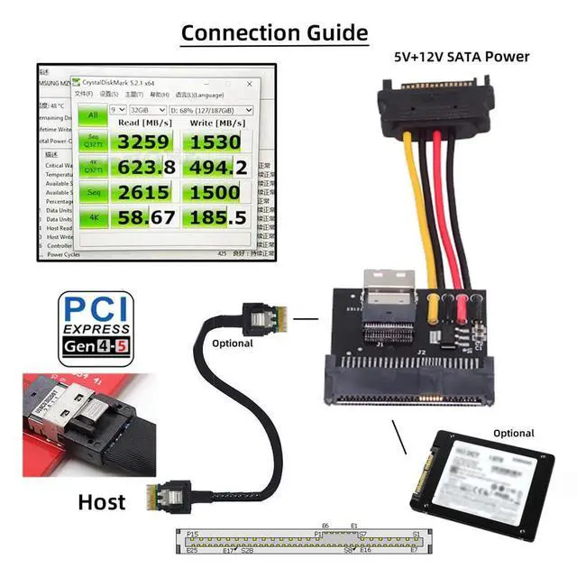 Alt view image 5 of 7 - Slimline SFF-8654 Female Host to NVME PCIe U.2 U.3 SFF-8639 PCI-Express SSD Adapter for Mainboard