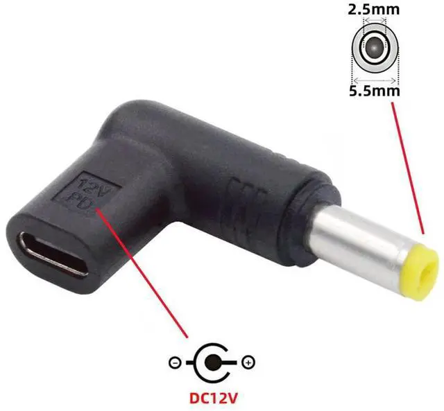 Alt view image 6 of 7 - USB 3.1 Type C USB-C Female to DC 12V 5.5x2.5mm Plug 90 Degree Angled Adapter PD Emulator Trigger
