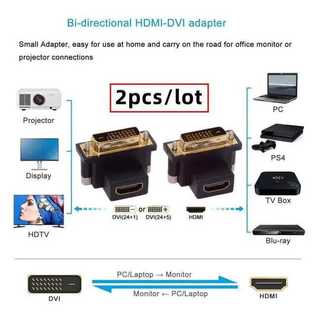 Alt view image 6 of 7 - 2pcs/Set DVI Male to HDMI Female 4K Adapter Up & Down Angled 90 Degree for Computer HDTV Graphics Card