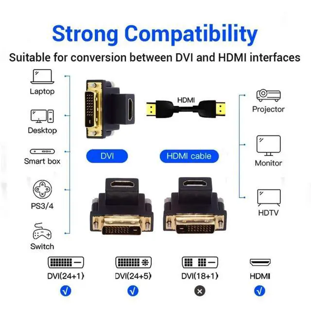 Alt view image 7 of 7 - 2pcs/Set DVI Male to HDMI Female 4K Adapter Up & Down Angled 90 Degree for Computer HDTV Graphics Card