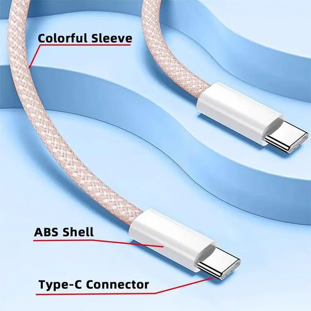 Alt view image 7 of 7 - PD 27W 65W Power USB-C Type C Male to Male 480Mbps Data Cable for Phone & Tablet & Laptop Pink Sleeve 1M