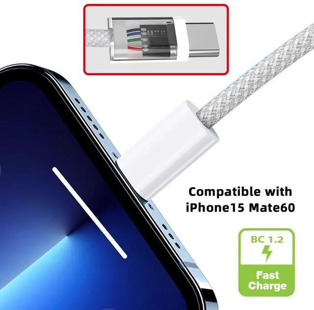 Alt view image 4 of 7 - 5V3A Type C USB-C Male to Type-A Male 15W Power 480Mbps Data Cable White Sleeve for Phone & Tablet 1M