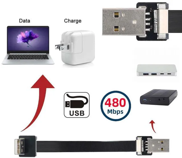 Alt view image 4 of 7 - Up Angled USB 2.0 Type-A Male to Type-A Male Data Flat Slim FPC Cable 90 Degree for FPV & Disk & Scanner & Printer 200CM