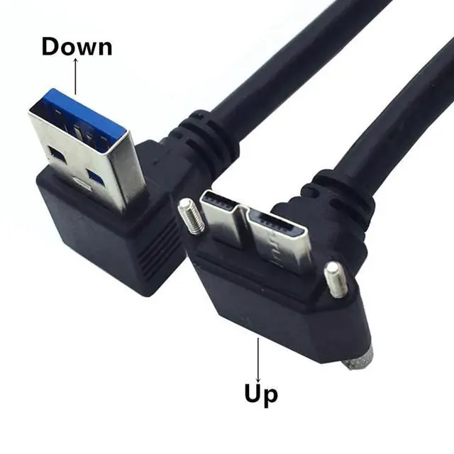 Alt view image 2 of 7 - USB 3.0 A Male Down Angled 90 Degree to Micro-B 3.0 Plug Up Angled Locking Screw Panel Cable 25cm