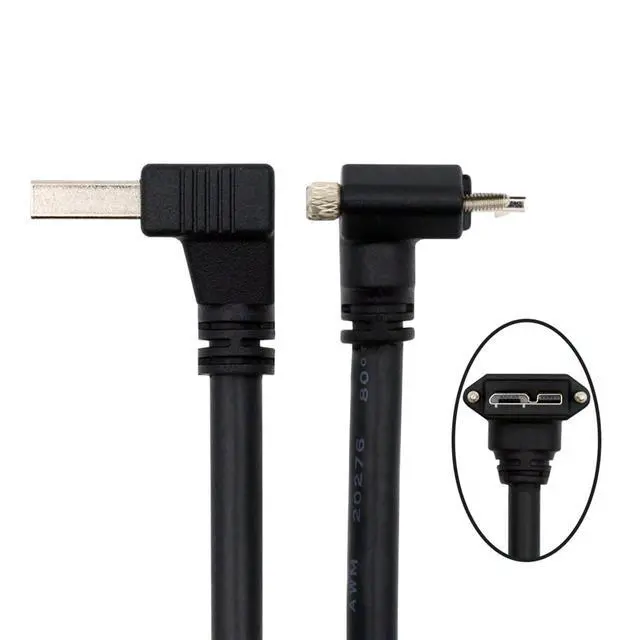 Alt view image 3 of 7 - USB 3.0 A Male Down Angled 90 Degree to Micro-B 3.0 Plug Up Angled Locking Screw Panel Cable 25cm