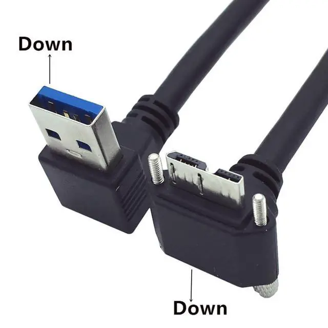 Alt view image 2 of 7 - USB 3.0 A Down Angled 90 Degree Male to Micro-B 3.0 Plug Down Angled Locking Screw Panel Cable 25cm