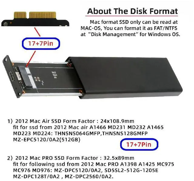 Alt view image 2 of 7 - 7+17Pin MAC SSD to USB 3.0 Type-C 5Gbps Mobile HDD Case Enclosure Adapter for 2012 MAC Air Pro A1465 A1466 Retina SSD