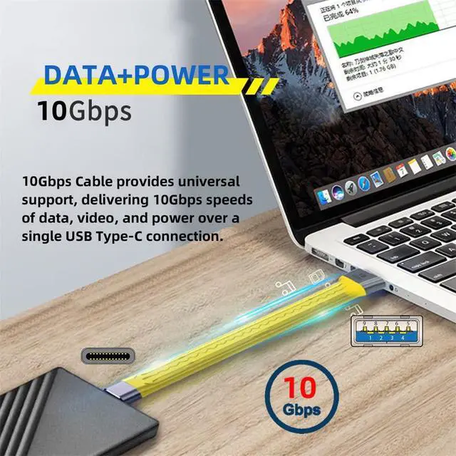 Alt view image 3 of 7 - Yellow 10Gbps USB 3.1 Type C Male to USB3.0 Type A Male Flat Slim FPC Data Cable for Laptop & Phone