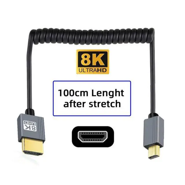 Alt view image 7 of 7 - 8K 60hz Micro HDMI Type-D 2.1 Male to HDMI Male Stretch Coiled Cable for HDTV Computer Laptop Monitor 100cm