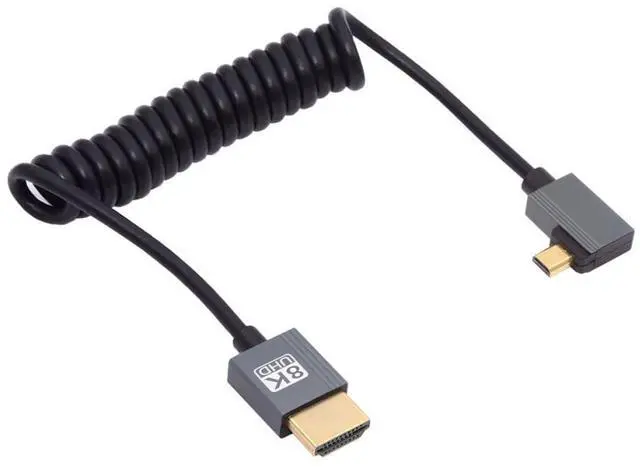 Main image of 8K 60hz Micro HDMI Type-D 2.1 Male to HDMI Male Stretch Coiled Cable Left Angled for HDTV Computer Laptop Monitor 100cm