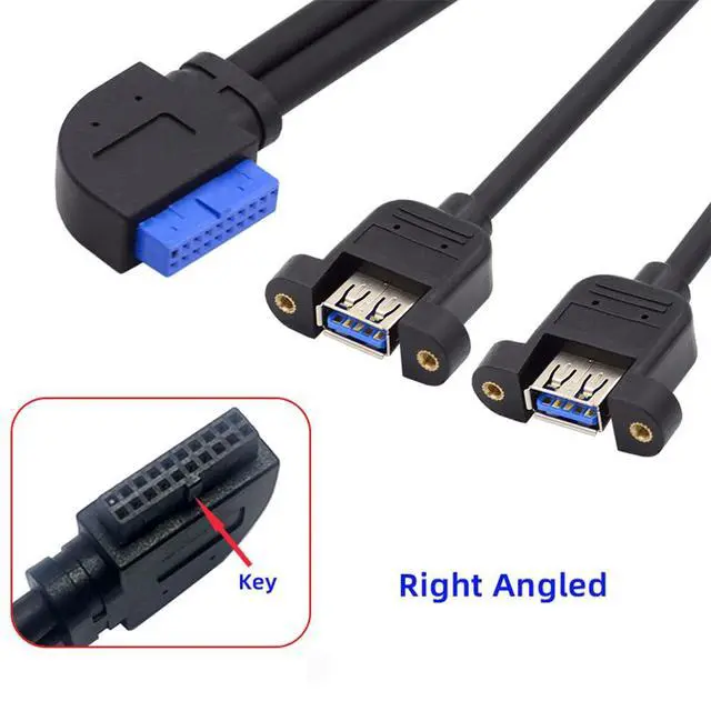 Alt view image 6 of 7 - 5Gbps 19/20Pin Motherboard Header to USB 3.0 Dual Ports Female Screw Mount Type Extension Cable 90 Degree Right Angled