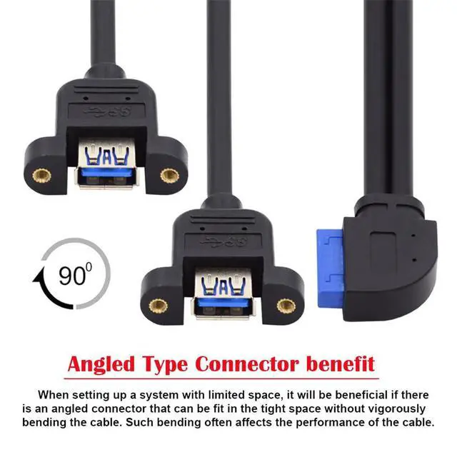 Alt view image 7 of 7 - 5Gbps 19/20Pin Motherboard Header to USB 3.0 Dual Ports Female Screw Mount Type Extension Cable 90 Degree Right Angled