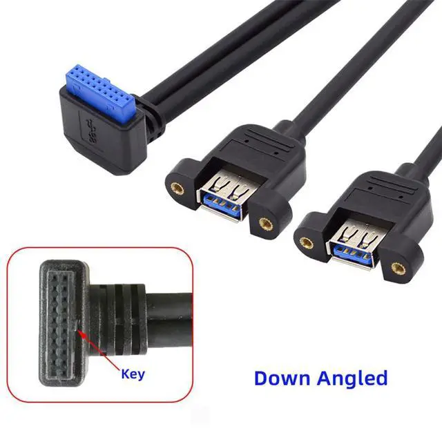 Alt view image 6 of 7 - 5Gbps 19/20Pin Motherboard Header to USB 3.0 Dual Ports Female Screw Mount Type Extension Cable 90 Degree Down Angled