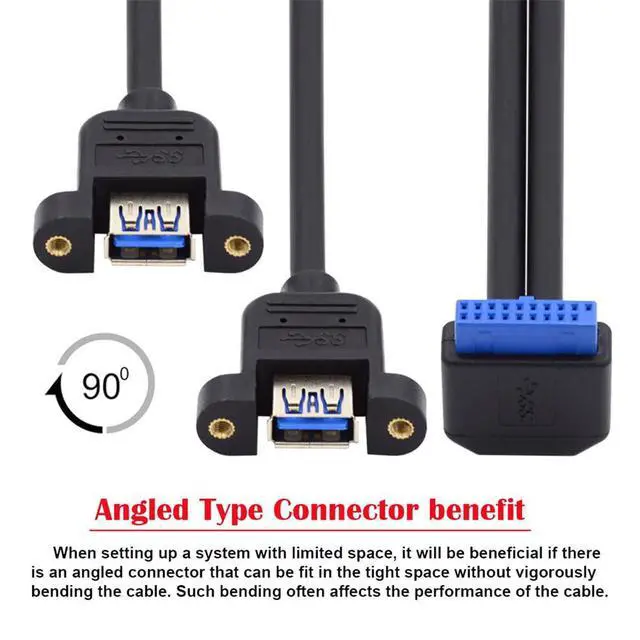Alt view image 7 of 7 - 5Gbps 19/20Pin Motherboard Header to USB 3.0 Dual Ports Female Screw Mount Type Extension Cable 90 Degree Down Angled