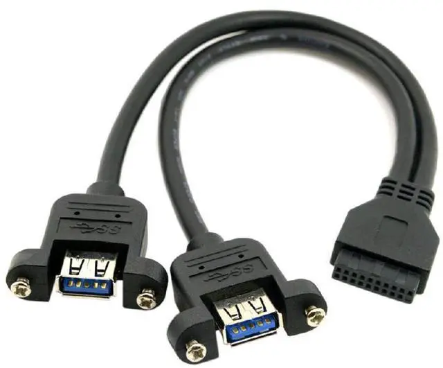 Main image of USB 3.0 Dual Ports A Female Screw Mount Type to Motherboard 20pin Header Cable Black