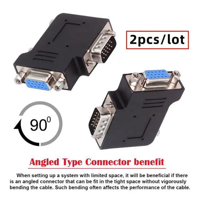 Alt view image 2 of 6 - 2pcs/lot HDB15Pin VGA RGB Screw Type Male to Female Left & Right Angled 90 Degree Nut Type Extension Adapter for Monitor Displays