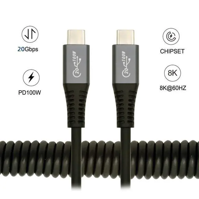 Alt view image 7 of 7 - 20Gbps 100W USB-C Stretch Coiled USB4 Cable 8K for Laptop Keyboard Tablet Type-C Male to Male Cable Power & Data 1.8M