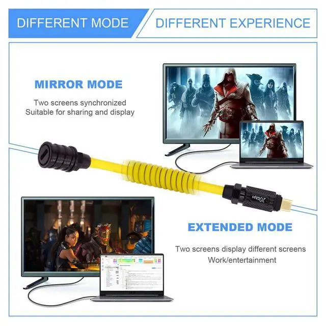 Alt view image 2 of 7 - 20Gbps 140W USB4 Stretch Coiled USB-C Cable 8K for Gaming Keyboard Mouse Type-C Male to Female Cable Power & Data 180CM Yellow