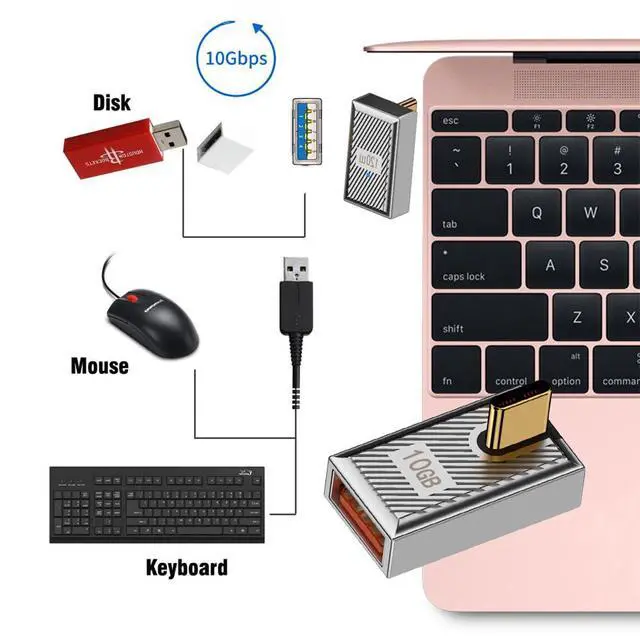 Alt view image 7 of 7 - 10Gbps Data 120W Power USB-C USB 3.1 Type C to USB 3.0 A Type OTG Male to Female Low Profile 90 Degree Angled Adapter Alloy Shell Mecha Cyberpunk Style