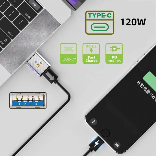 Alt view image 6 of 7 - USB C to USB Adapter Aluminum Alloy USB C Male to USB Female 10Gbps Data Transfer PD 120W Fast Charging Converter Adapter