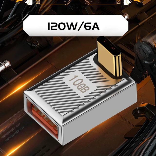 Alt view image 4 of 7 - 10Gbps Data 120W Power USB-C USB 3.1 Type C to USB 3.0 A Type OTG Up Angled Adapter Alloy Shell Mecha Cyberpunk Style