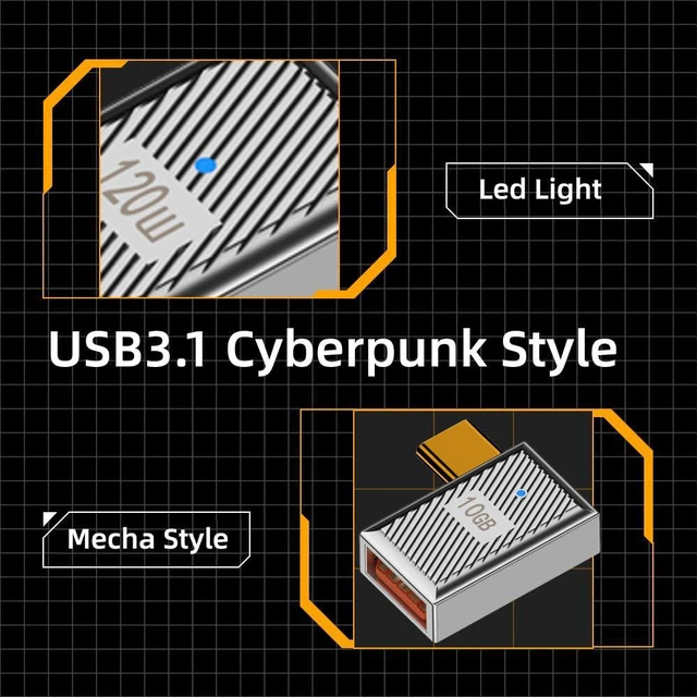 Alt view image 2 of 7 - 10Gbps Data 120W Power USB-C USB 3.1 Type C to USB 3.0 A Type OTG 90 Degree Right Angled Adapter Alloy Shell Mecha Cyberpunk Style