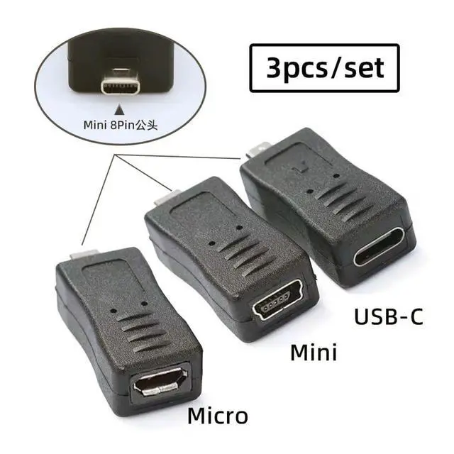 Alt view image 2 of 7 - 3pccs Mini 8P to USB-C Micro Mini USB Female Power Data Adapter for Camera