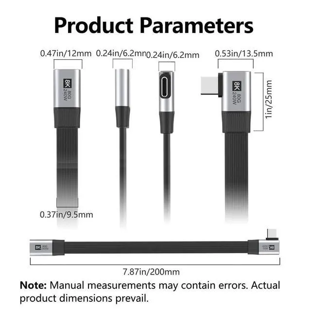 Alt view image 6 of 7 - USB5.0 Flat Slim FPC 240W 80Gbps 20cm Male to Female Right Angled 90 Degree Extension Cable 16K 8K 60Hz 5K Compatible with 40Gbps USB4.0 Thunderbolt3/4/5