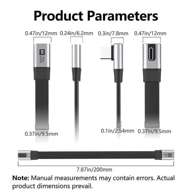 Alt view image 6 of 7 - USB5.0 Flat Slim FPC 240W 80Gbps 20cm Male to Female Low Profile Angled 90 Degree Extension Cable 16K 8K 60Hz 5K Compatible with 40Gbps USB4.0 Thunderbolt3/4/5