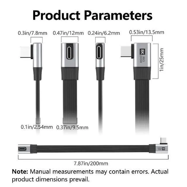 Alt view image 6 of 7 - USB5.0 80Gbps Flat Slim FPC 240W 16K 8K 60Hz 5K Male to Male Extension Cable Low Profile to Right Angled 90 Degree 20cm Compatible with 40Gbps USB4.0 Thunderbolt3/4/5