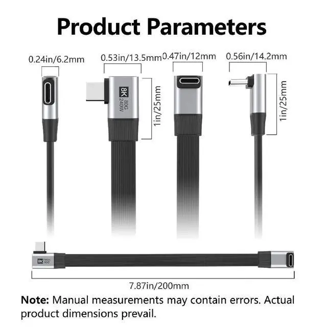Alt view image 6 of 7 - USB5.0 80Gbps Flat Slim FPC Male to Male 240W 16K 8K 60Hz 5K Extension Cable Up Angled to Right Angled 90 Degree 20cm Compatible with 40Gbps USB4.0 Thunderbolt3/4/5