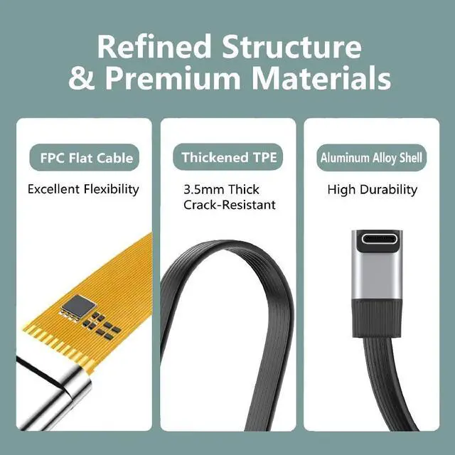 Alt view image 7 of 7 - USB5.0 80Gbps Flat Slim FPC Male to Male 240W 16K 8K 60Hz 5K Extension Cable Up Angled to Right Angled 90 Degree 20cm Compatible with 40Gbps USB4.0 Thunderbolt3/4/5