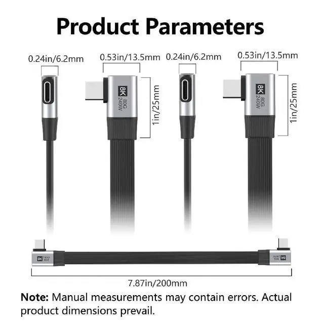 Alt view image 6 of 7 - USB5.0 80Gbps Flat Slim FPC Male to Male 240W 16K 8K 60Hz 5K Extension Cable Dual Right Angled 90 Degree 20cm Compatible with 40Gbps USB4.0 Thunderbolt3/4/5