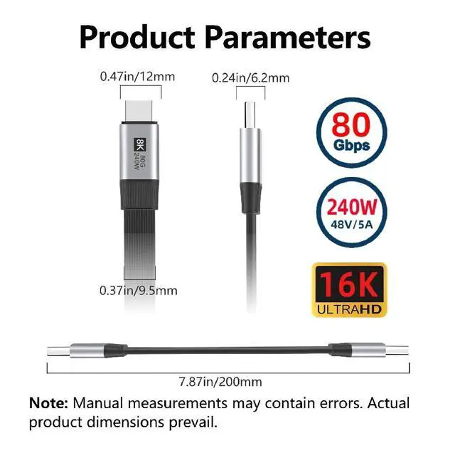 Alt view image 5 of 7 - USB5.0 80Gbps Flat Slim FPC Male to Male 240W 16K 8K 60Hz 5K Extension Cable 20cm Compatible with 40Gbps USB4.0 Thunderbolt3/4/5
