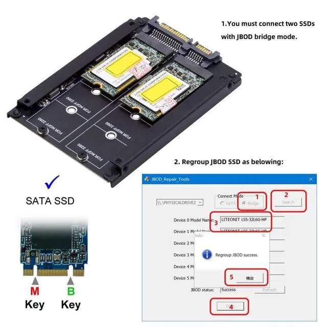 Alt view image 6 of 7 - Dual NGFF B+M Key M.2 SSD Card JOBD Raid0 Span Bridge to 2.5inch SATA Combo HDD Disk Drive Enclosure
