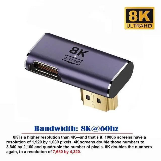 Alt view image 7 of 7 - HDMI Male to HDMI 2.1 Female Low Profile Vertical 90 Degree Left Down Angled UHD Extension Adapter Support 8K 60hz HDTV