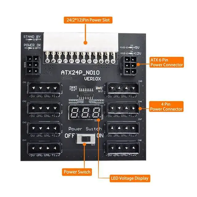 Alt view image 2 of 7 - ATX PSU Server Power Board 24Pin to IDE 8X 4Pin +2X 6Pin Power Supply Board for CHIA ETH BTC Mining Miner