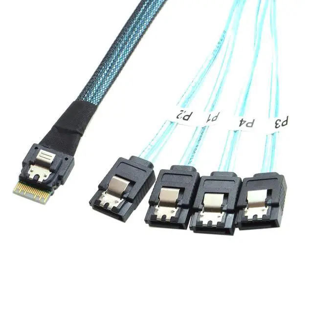 Alt view image 4 of 7 - Slim Line SAS 4.0 SFF-8654 4i 38pin Host to 4 SATA 7pin Target Hard Disk Fanout Raid Cable 50cm