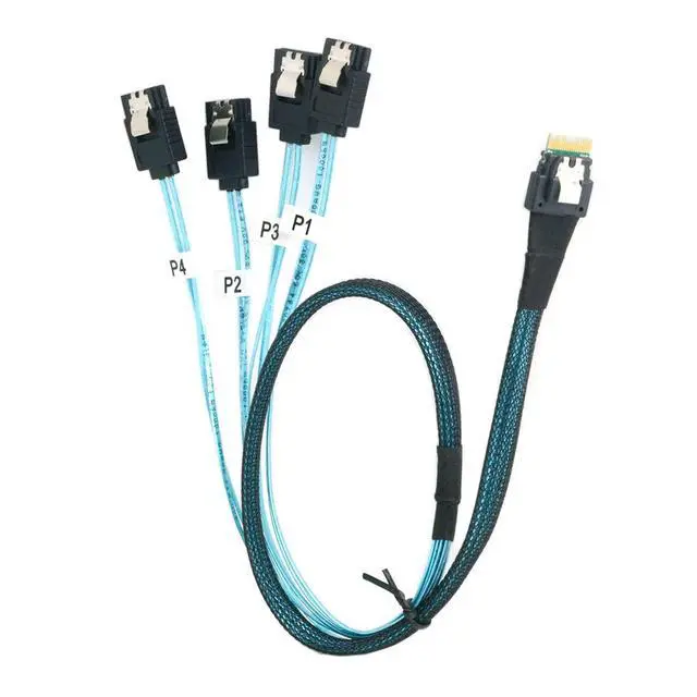 Alt view image 7 of 7 - Slim Line SAS 4.0 SFF-8654 4i 38pin Host to 4 SATA 7pin Target Hard Disk Fanout Raid Cable 50cm